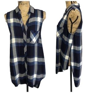 Rails Long Boho Plaid Tunic Top High Low Blue Size Small